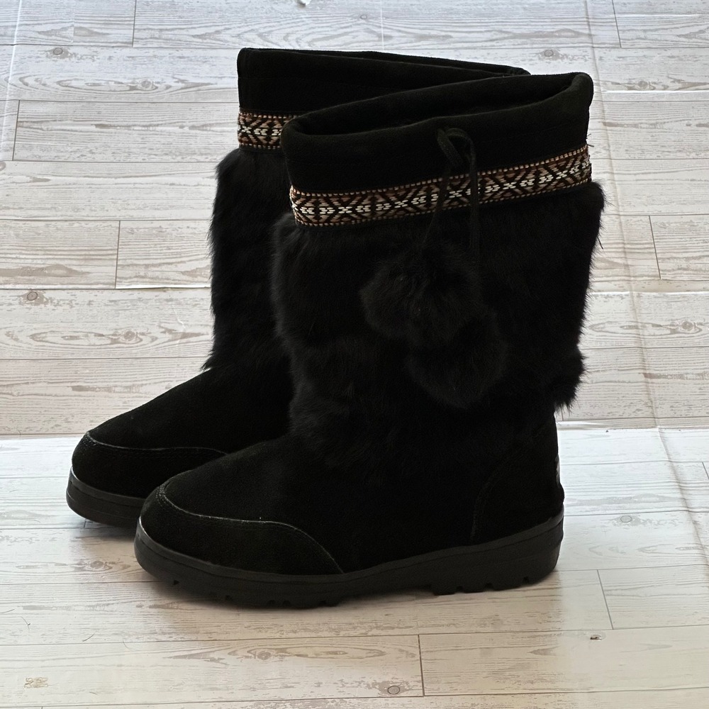 Minnetonka Mukluk Boots Womens 7 Black Suede Rabbit Fur Boho Y2K Winter